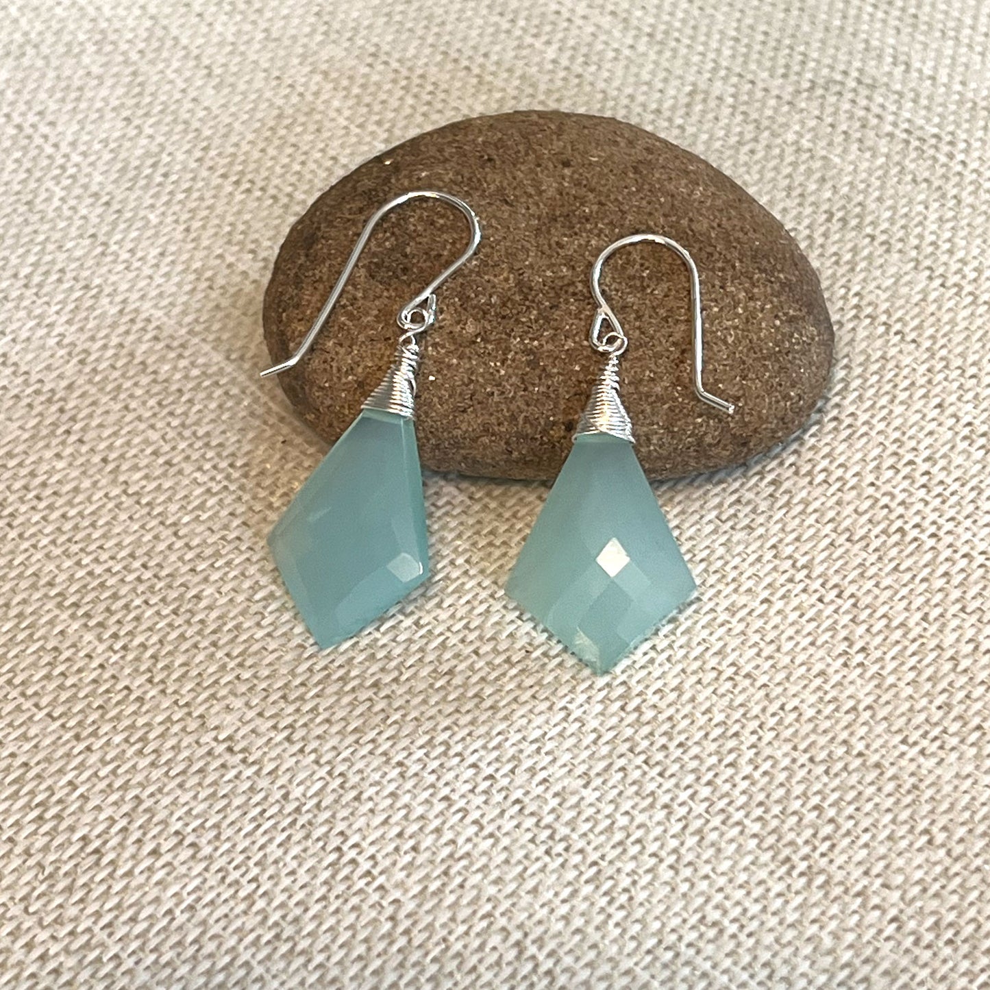 STERLING SILVER AQUA CHALCEDONY KITE EARRINGS - GOOD WILL TALISMAN