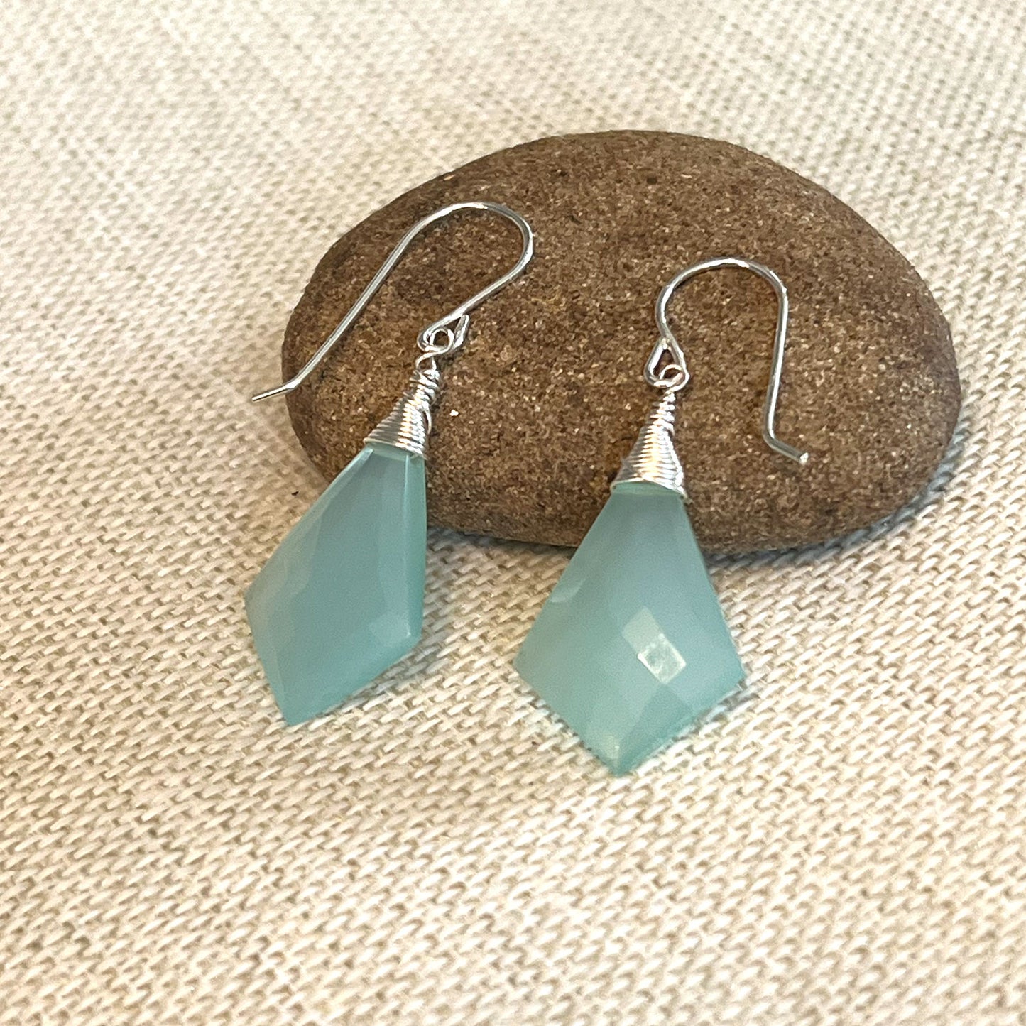 STERLING SILVER AQUA CHALCEDONY KITE EARRINGS - GOOD WILL TALISMAN