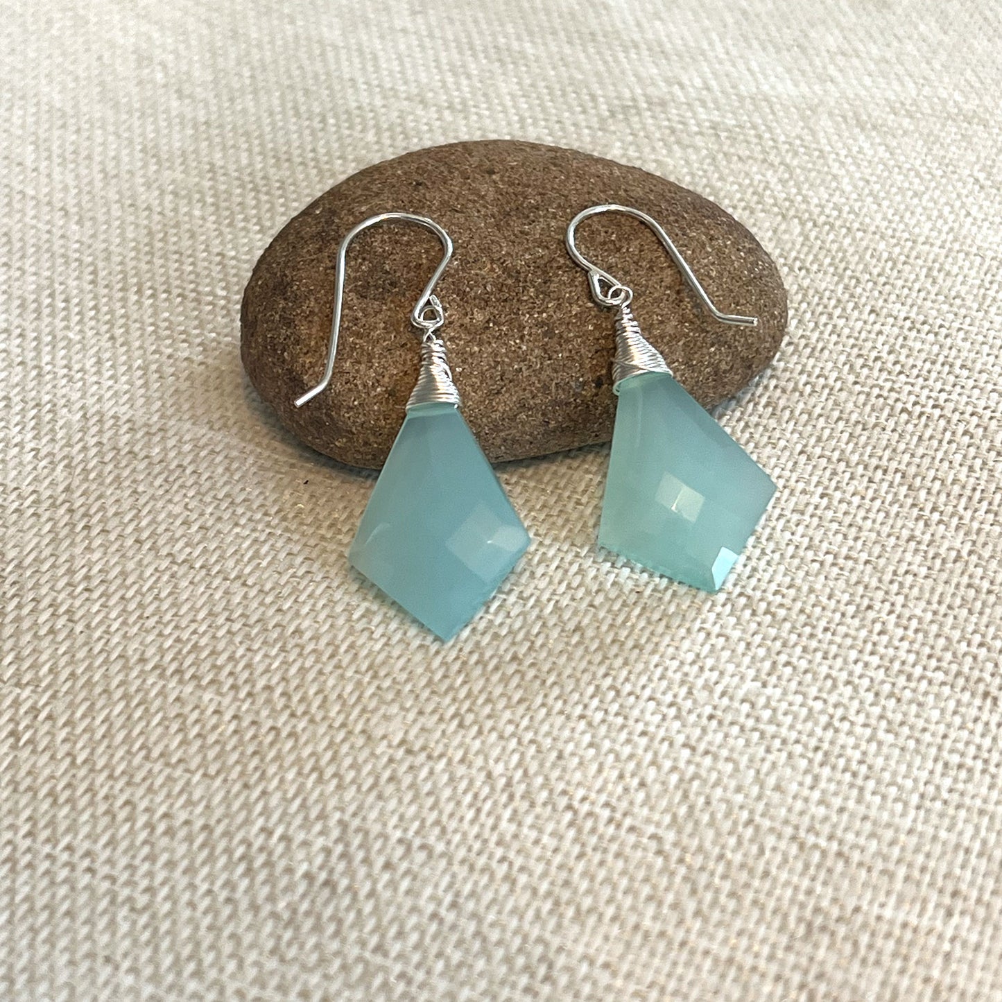 STERLING SILVER AQUA CHALCEDONY KITE EARRINGS - GOOD WILL TALISMAN