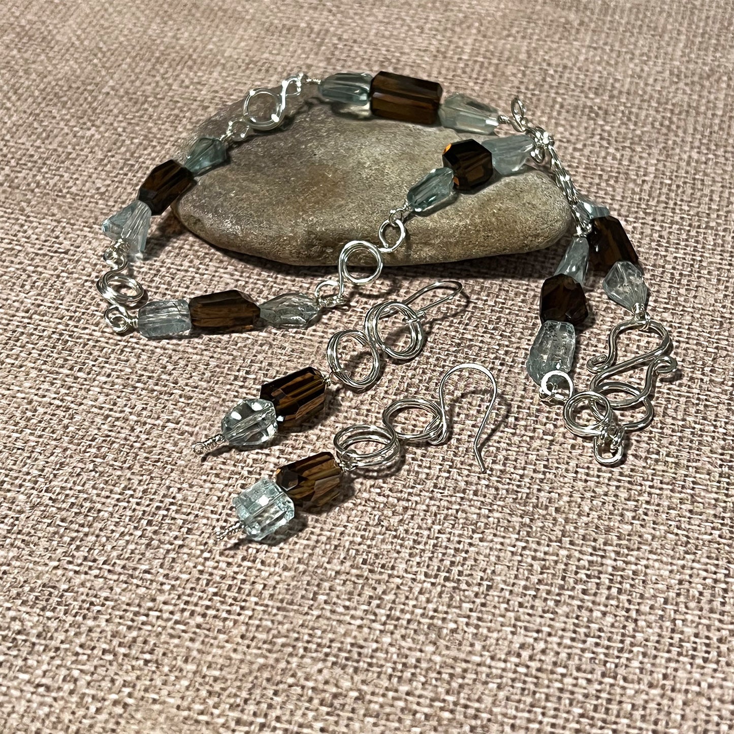 STERLING SILVER AQUAMARINE COGNAC QUARTZ NECKLACE - EARTH AND SEA TALISMAN