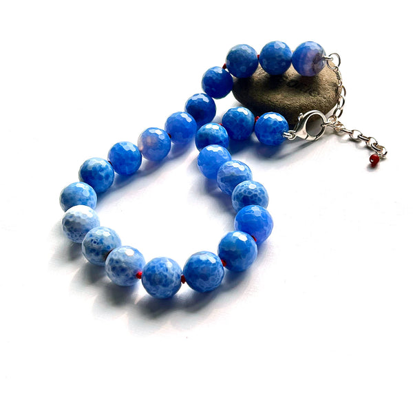 HAND SILK KNOTTED BLUE AGATE NECKLACE- PROTECTIVE EMBRACE TALISMAN