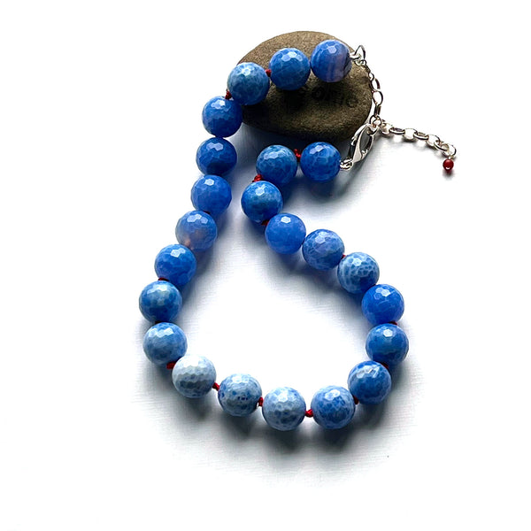 HAND SILK KNOTTED BLUE AGATE NECKLACE- PROTECTIVE EMBRACE TALISMAN