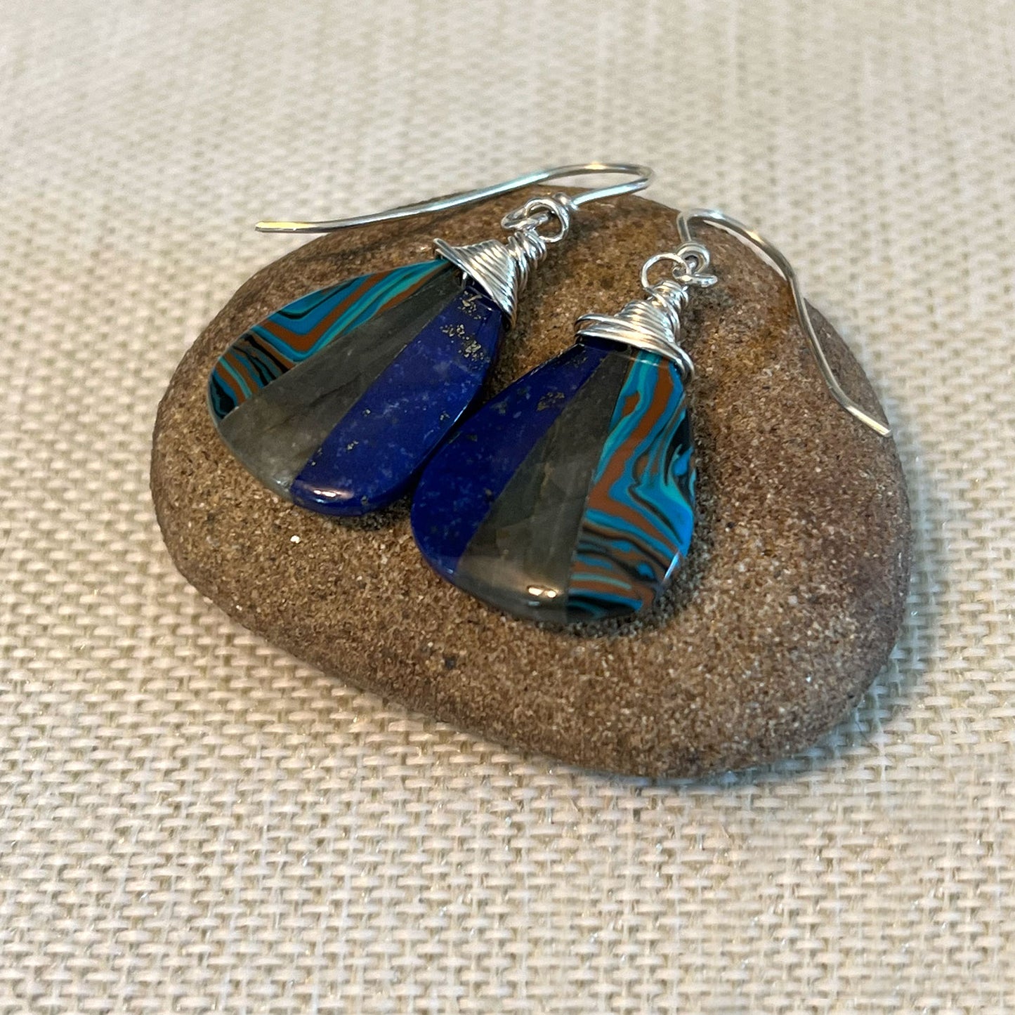 STERLING SILVER LABRADORITE LAPIS JASPER INTARSIA EARRINGS - ORIGINALITY TALISMAN