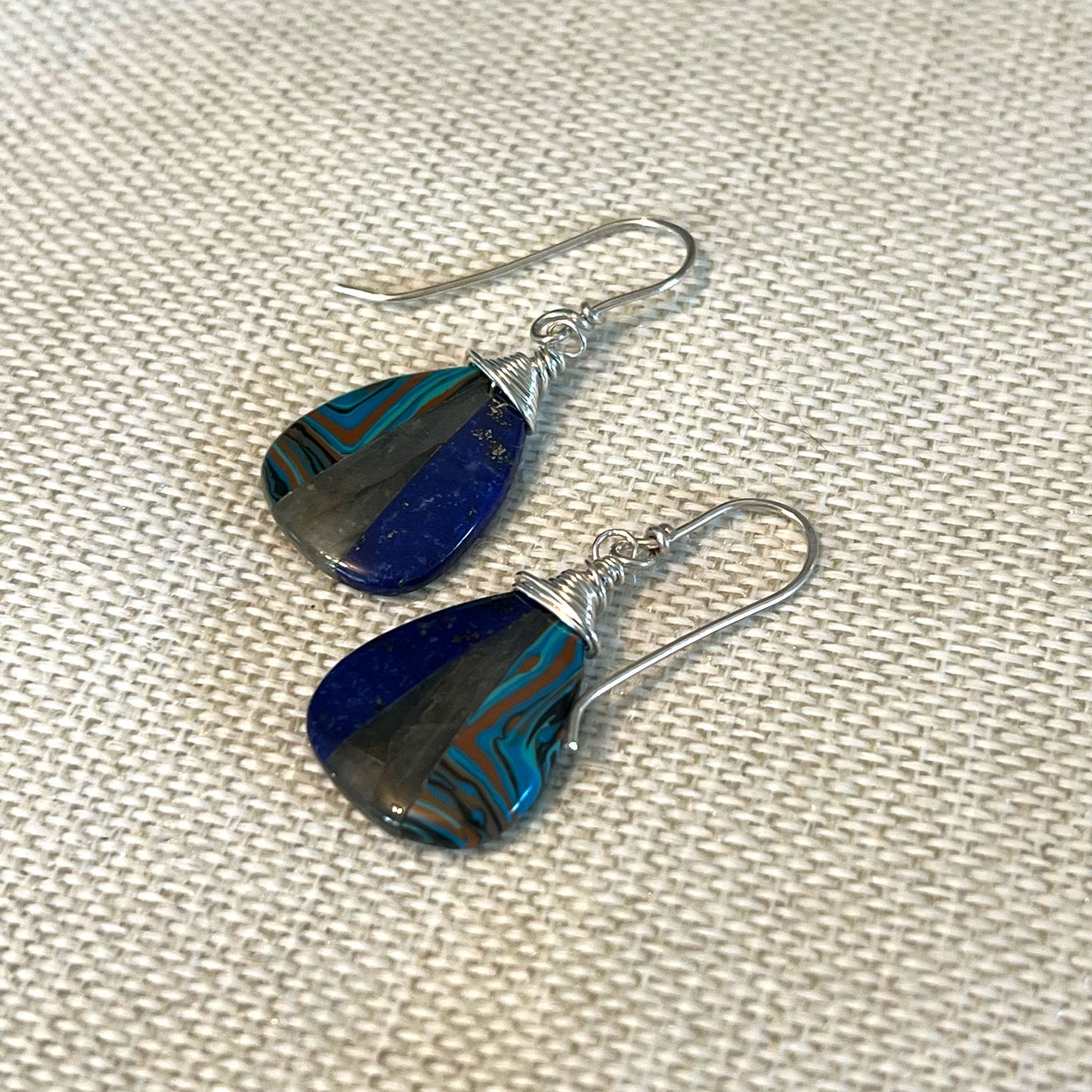 STERLING SILVER LABRADORITE LAPIS JASPER INTARSIA EARRINGS - ORIGINALITY TALISMAN