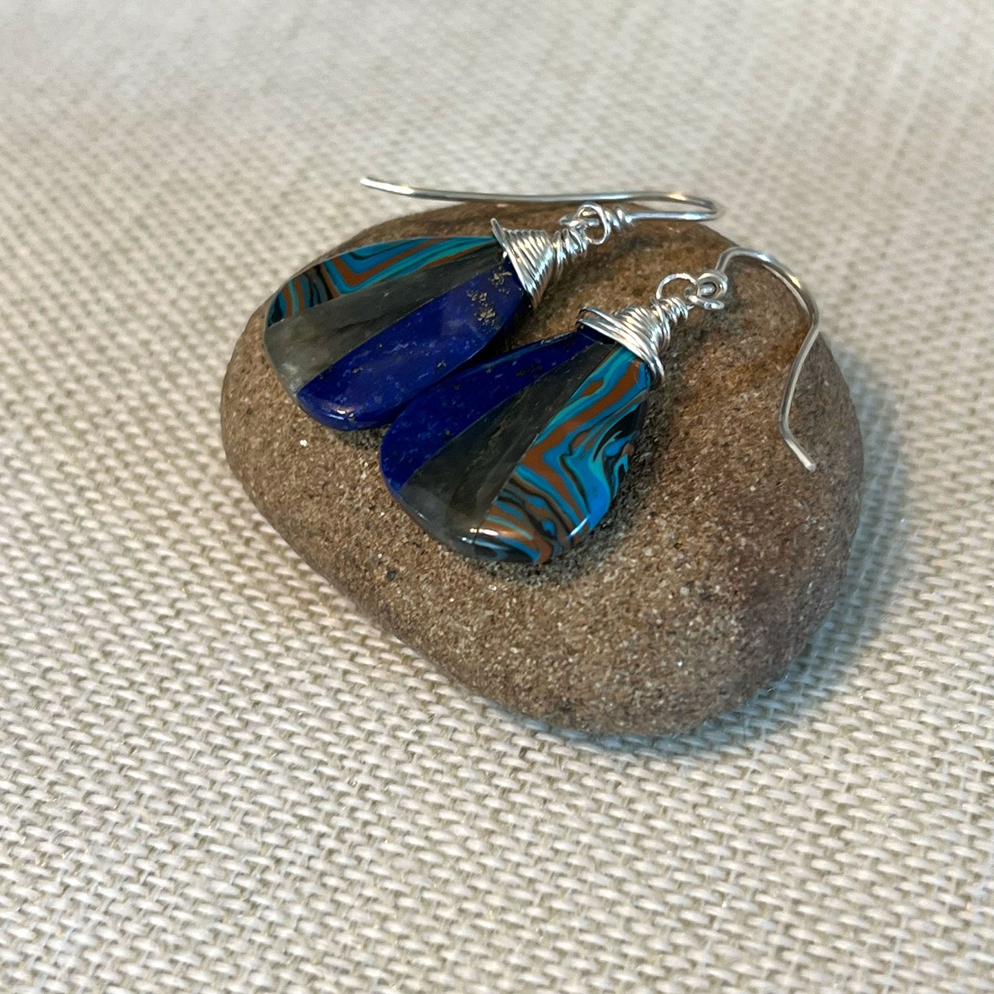 STERLING SILVER LABRADORITE LAPIS JASPER INTARSIA EARRINGS - ORIGINALITY TALISMAN