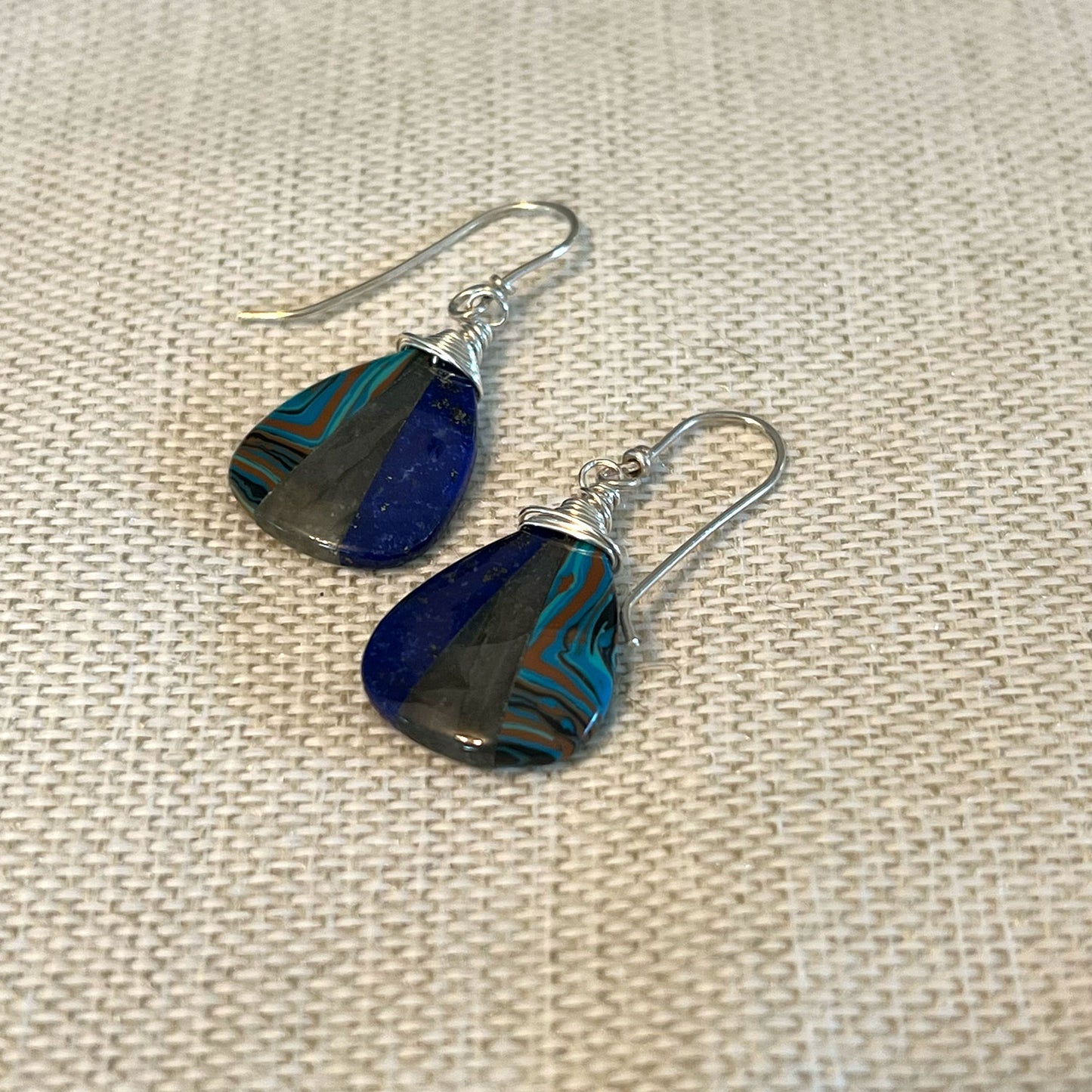 STERLING SILVER LABRADORITE LAPIS JASPER INTARSIA EARRINGS - ORIGINALITY TALISMAN