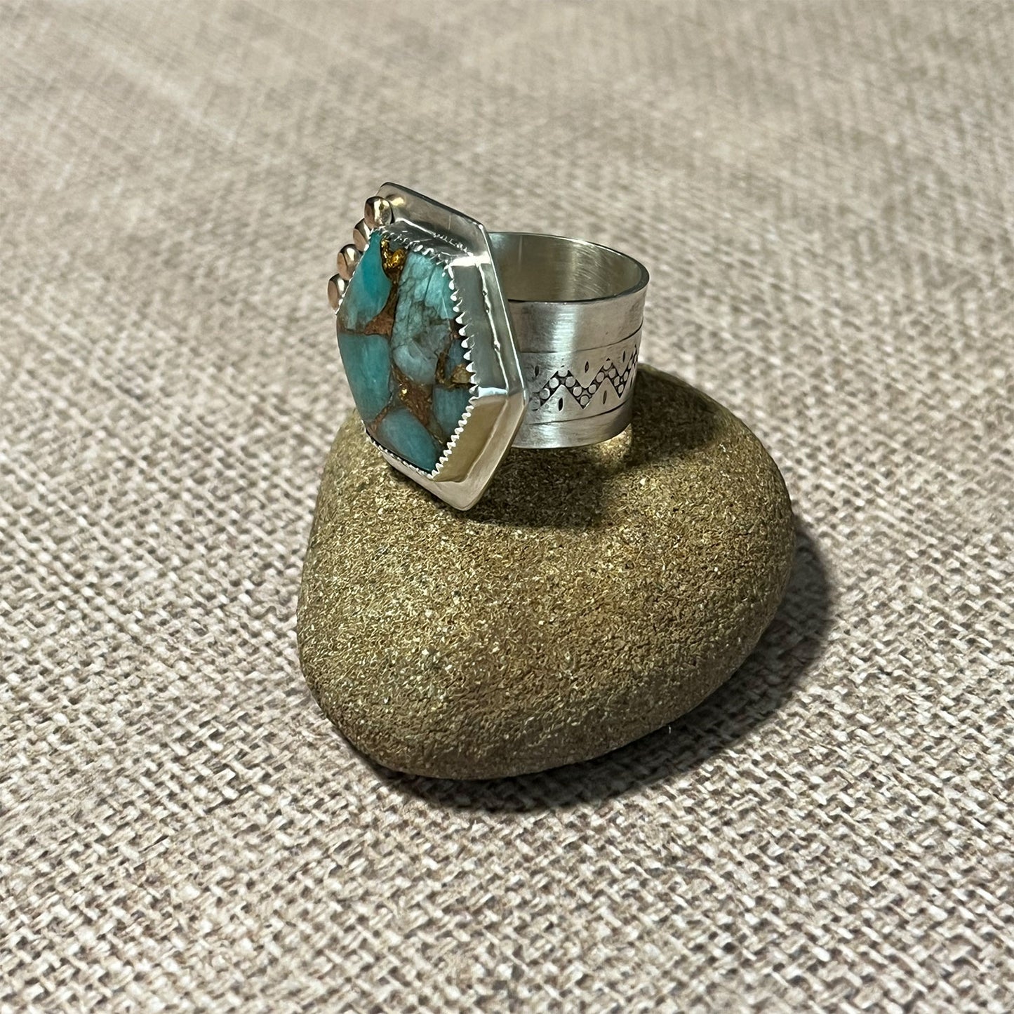 STERLING SILVER PERUVIAN AMAZONITE BRONZE RING - SOUL SOOTHING TALISMAN