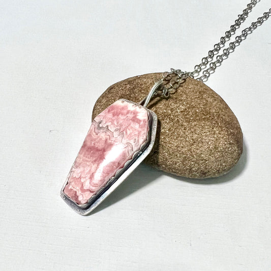 STERLING SILVER RHODOCROSITE COFFIN NECKLACE - UNCONDITIONAL LOVE TALISMAN