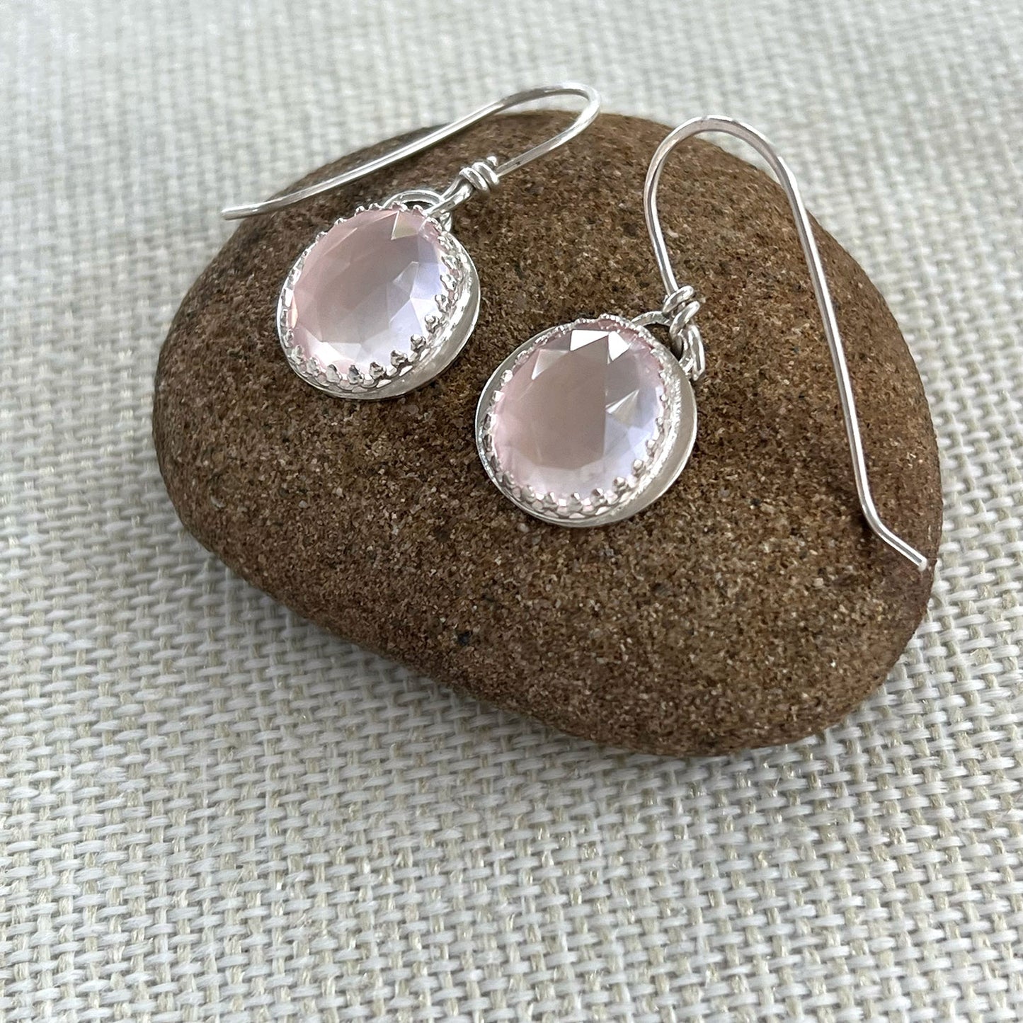 STERLING SILVER ROSE QUARTZ BEZEL EARRINGS - OPEN YOUR HEART TALISMAN