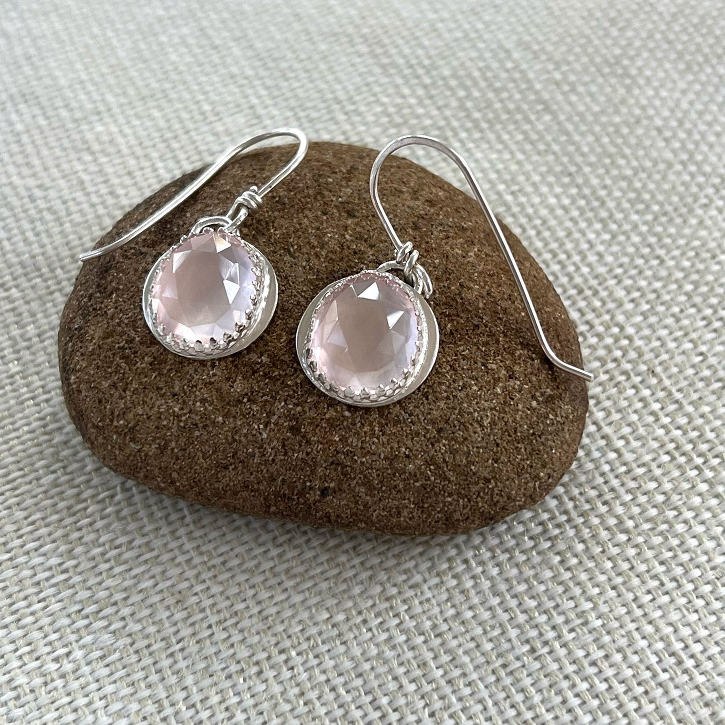 STERLING SILVER ROSE QUARTZ BEZEL EARRINGS - OPEN YOUR HEART TALISMAN