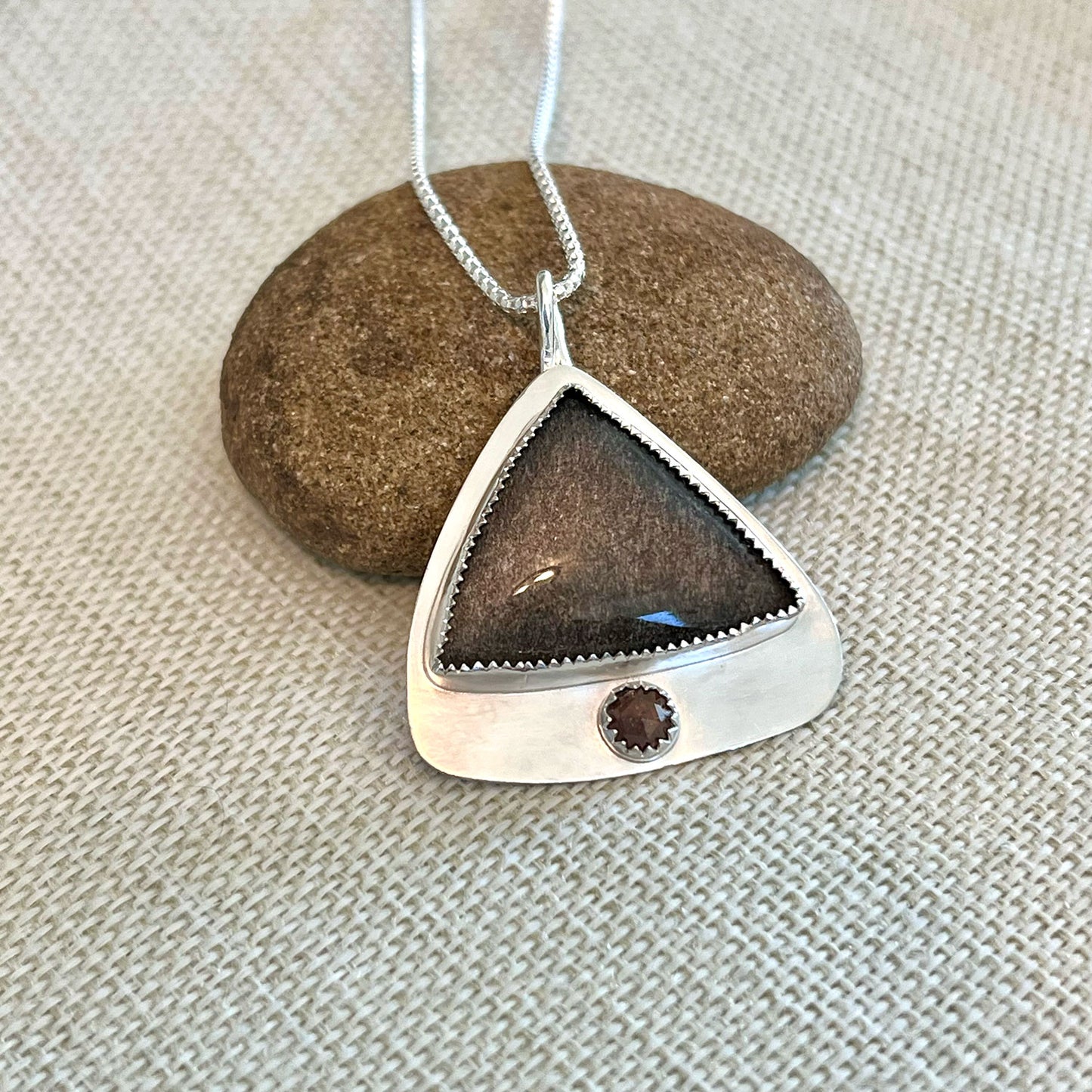 STERLING SILVER SHEEN OBSIDIAN RUSTIC DIAMOND NECKLACE - LIGHT INTO DARKNESS TALISMAN