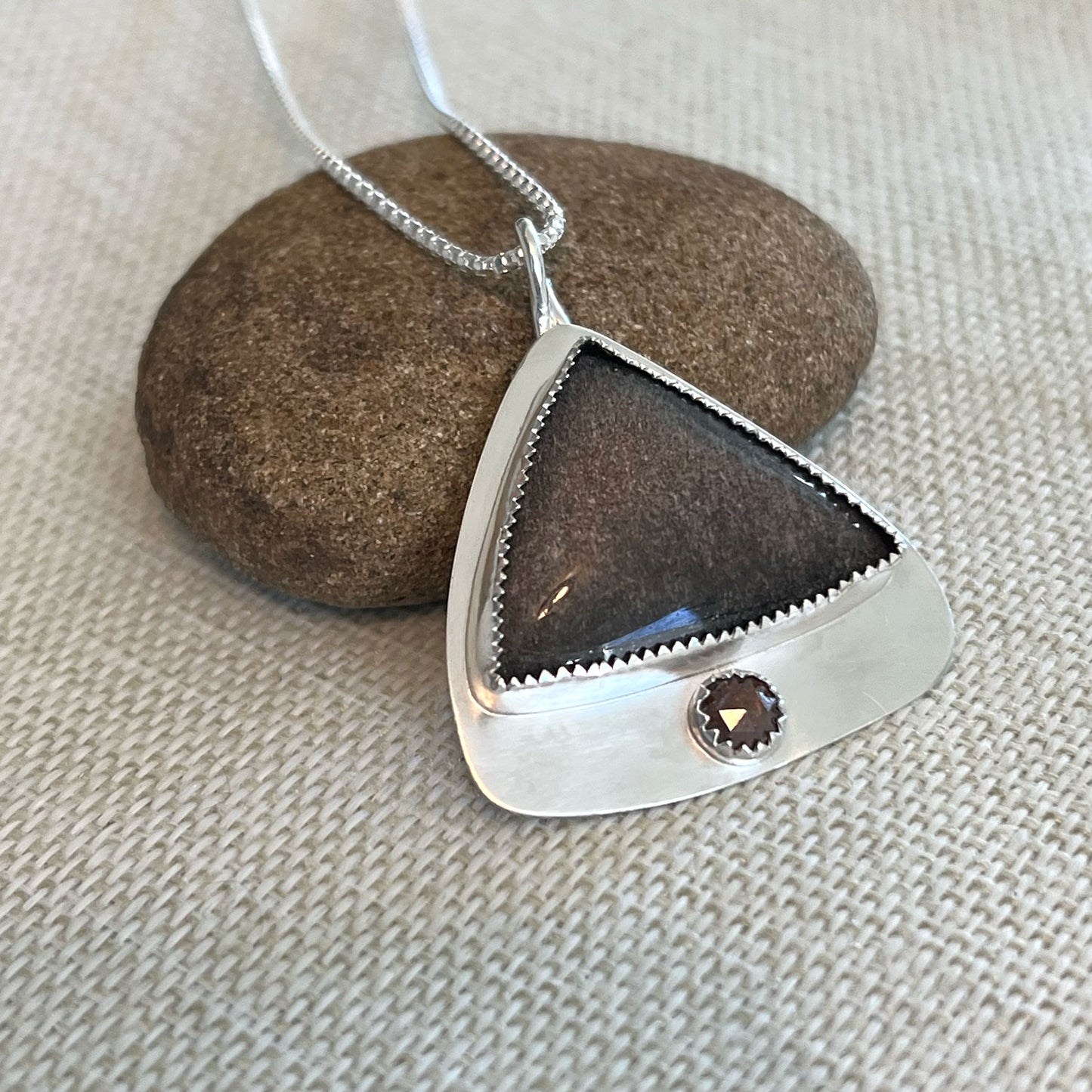 STERLING SILVER SHEEN OBSIDIAN RUSTIC DIAMOND NECKLACE - LIGHT INTO DARKNESS TALISMAN