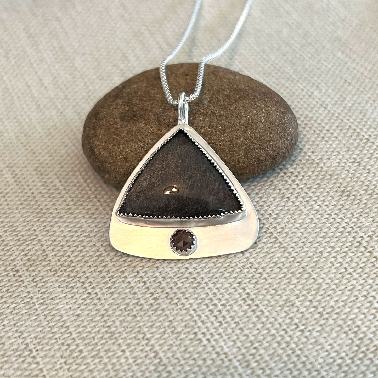 STERLING SILVER SHEEN OBSIDIAN RUSTIC DIAMOND NECKLACE - LIGHT INTO DARKNESS TALISMAN