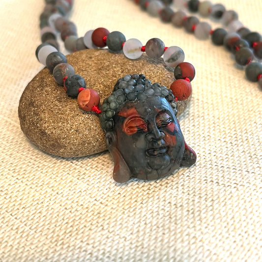 STERLING SILVER BLOODSTONE CARVED BUDDHA NECKLACE - SACRIFICIAL SPIRIT TALISMAN