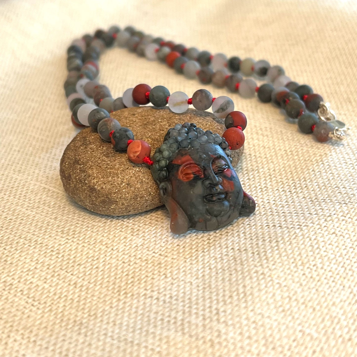 STERLING SILVER BLOODSTONE CARVED BUDDHA NECKLACE - SACRIFICIAL SPIRIT TALISMAN