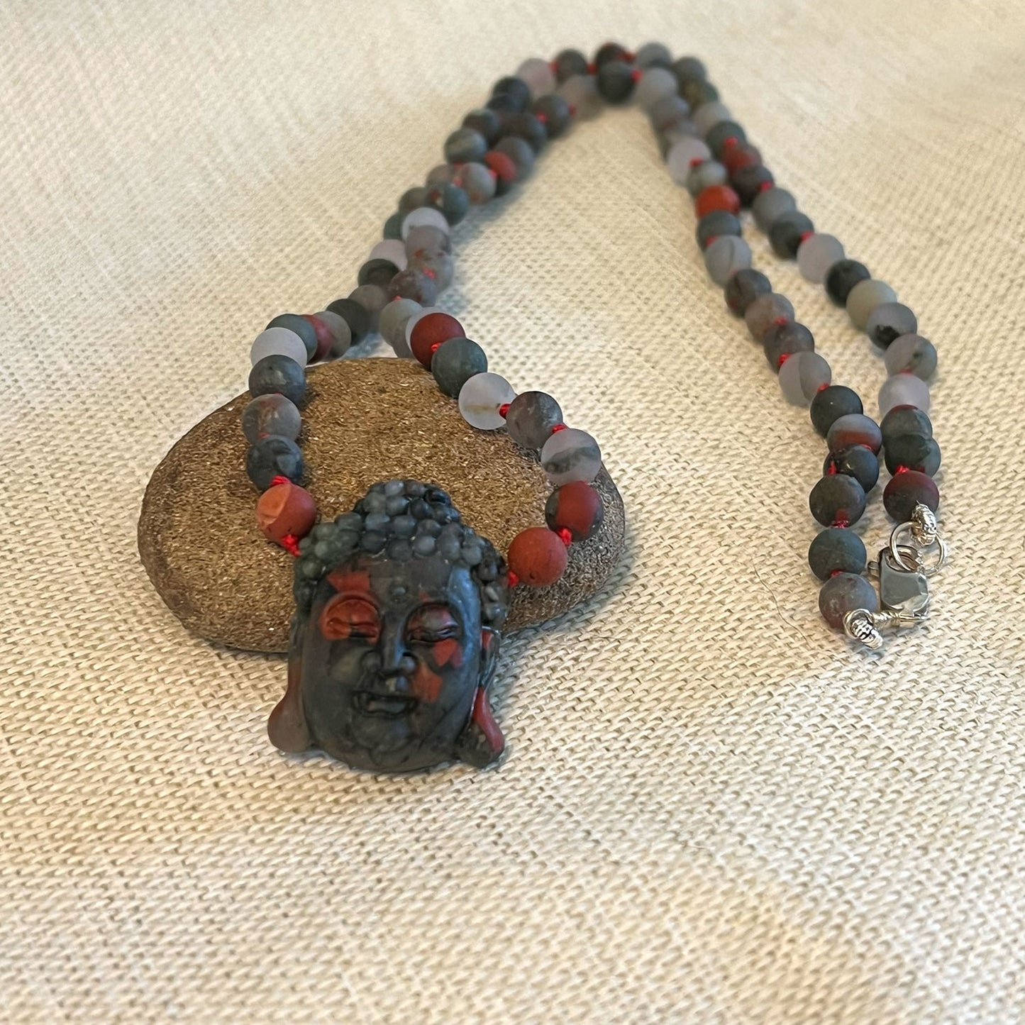 STERLING SILVER BLOODSTONE CARVED BUDDHA NECKLACE - SACRIFICIAL SPIRIT TALISMAN