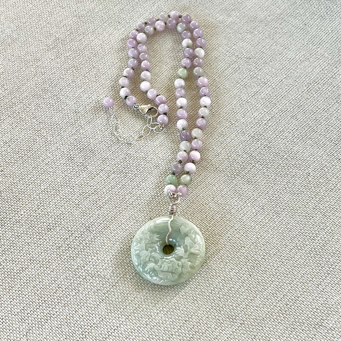 STERLING SILVER HAND SILK KNOTTED KUNZITE JADE DONUT NECKLACE - HEARTFELT JOY TALISMAN