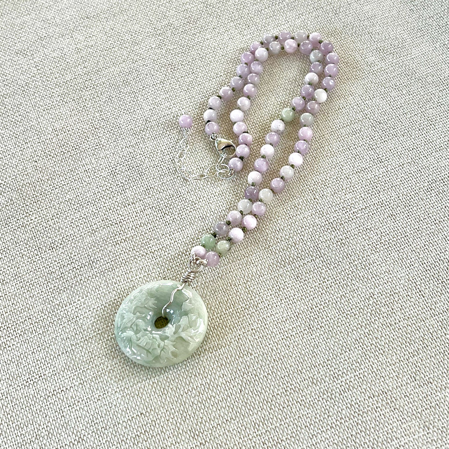 STERLING SILVER HAND SILK KNOTTED KUNZITE JADE DONUT NECKLACE - HEARTFELT JOY TALISMAN