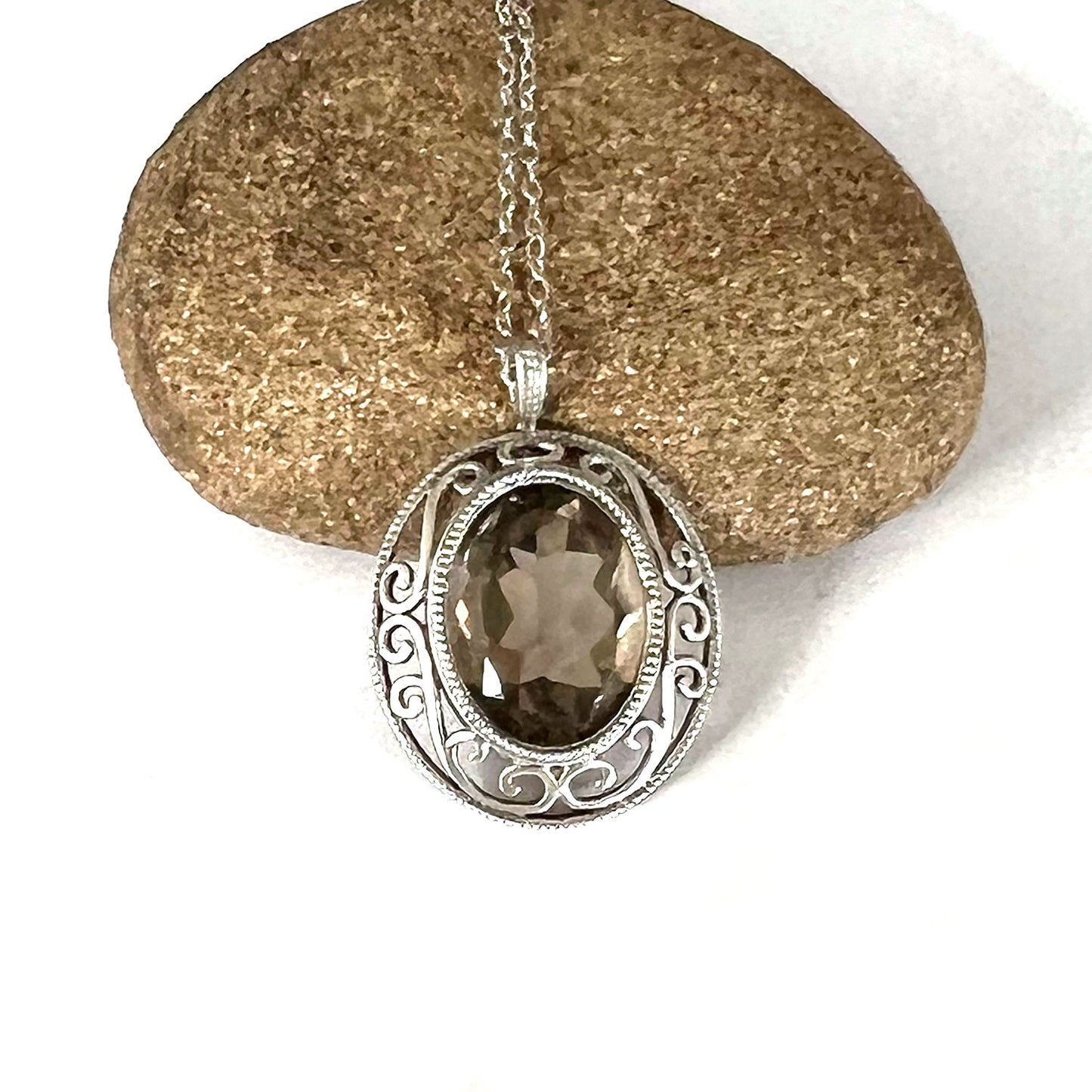 STERLING SILVER SMOKEY QUARTZ FILIGREE NECKLACE - GOOD LUCK TALISMAN