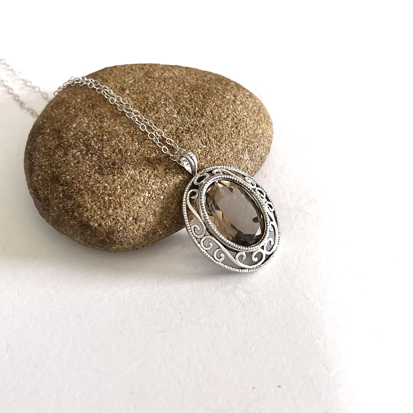 STERLING SILVER SMOKEY QUARTZ FILIGREE NECKLACE - GOOD LUCK TALISMAN