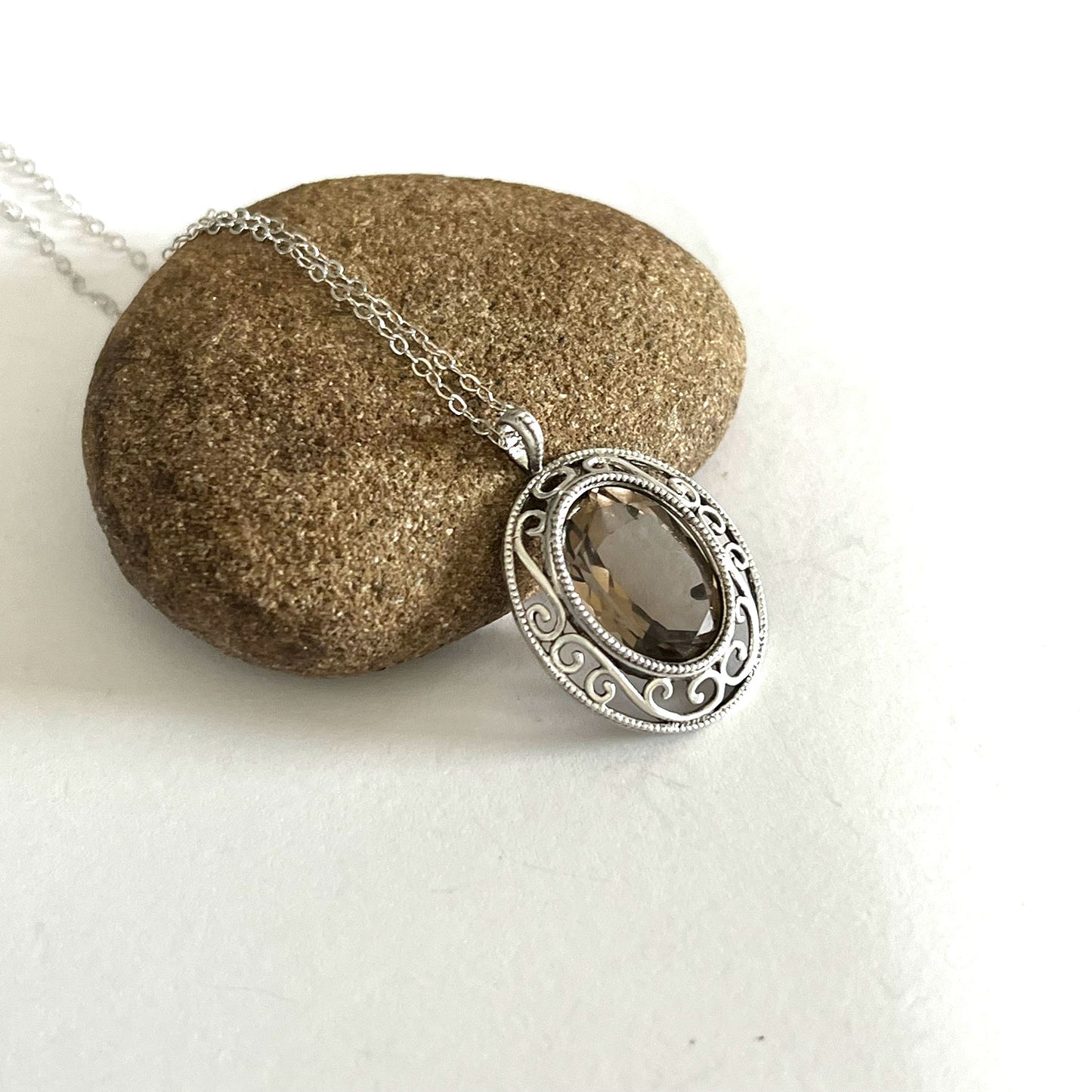 STERLING SILVER SMOKEY QUARTZ FILIGREE NECKLACE - GOOD LUCK TALISMAN