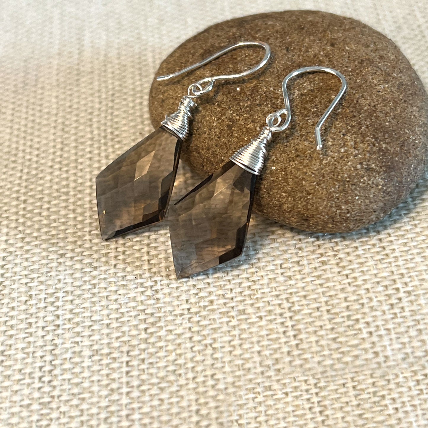 STERLING SILVER SMOKEY QUARTZ KITE EARRINGS - GOOD LUCK TALISMAN