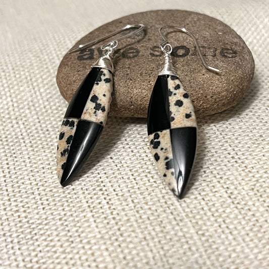 STERLING SILVER OBSIDIAN DALMATION JASPER INTARSIA EARRINGS - LIGHT INTO DARKNESS TALISMAN