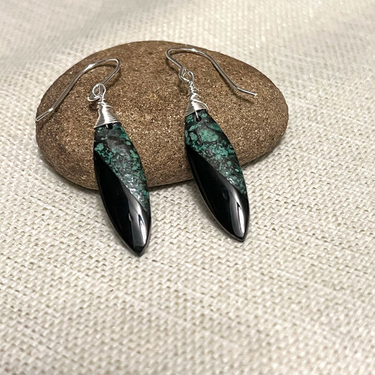 STERLING SILVER OBSIDIAN AFRICAN TURQUOISE INTARSIA EARRINGS - LIGHT INTO DARKNESS TALISMAN