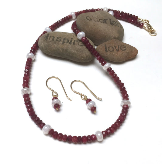 14K GOLD RUBY SILVERITE NECKLACE EARRINGS - NOBLE GRACE TALISMAN