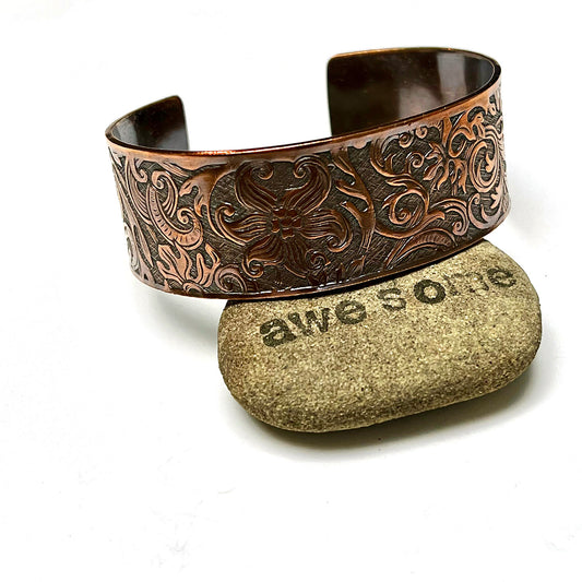 PATTERNED COPPER CUFF BRACELET - CIRCLE OF LOVE TALISMAN