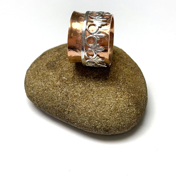 COPPER STERLING SPINNER RING - NO WORRY NO HURRY TALISMAN