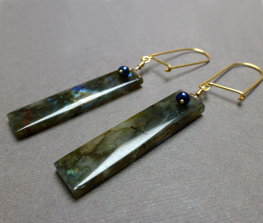 GOLD VERMEIL LABRADORITE PEARL LONG DROP EARRINGS - ORIGINALITY TALISMAN