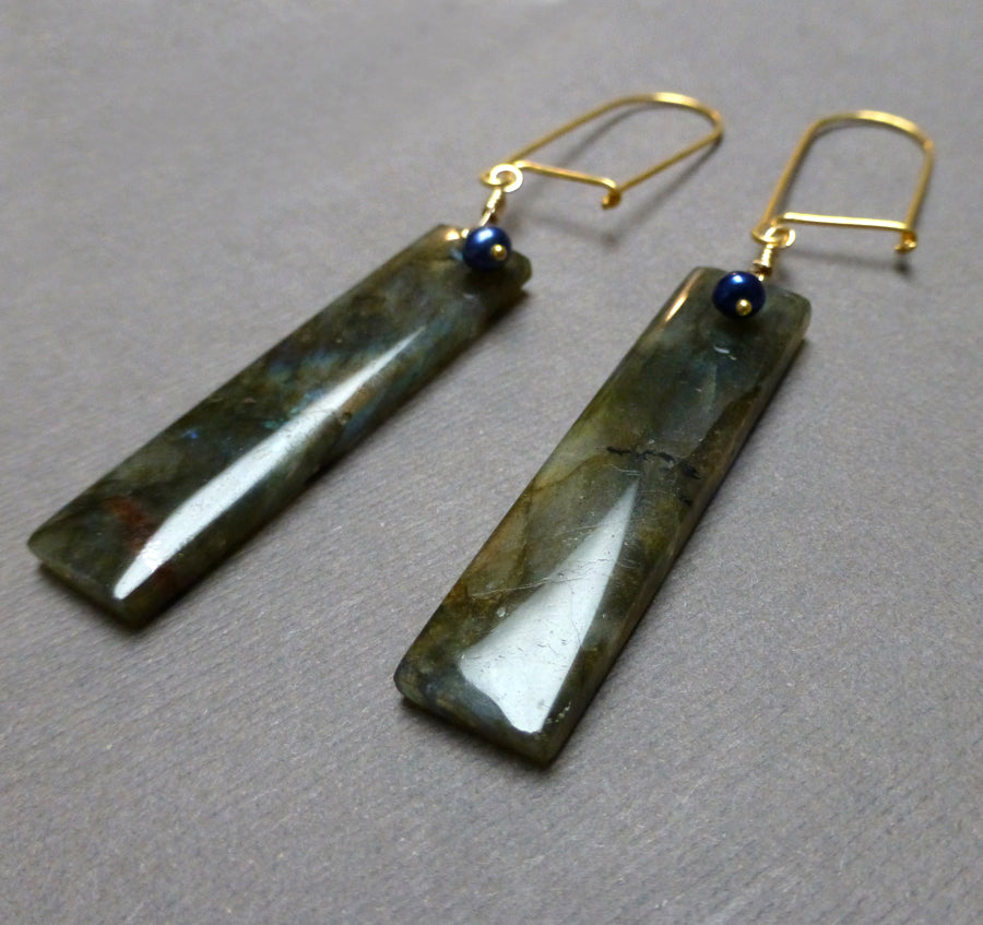 GOLD VERMEIL LABRADORITE PEARL LONG DROP EARRINGS - ORIGINALITY TALISMAN