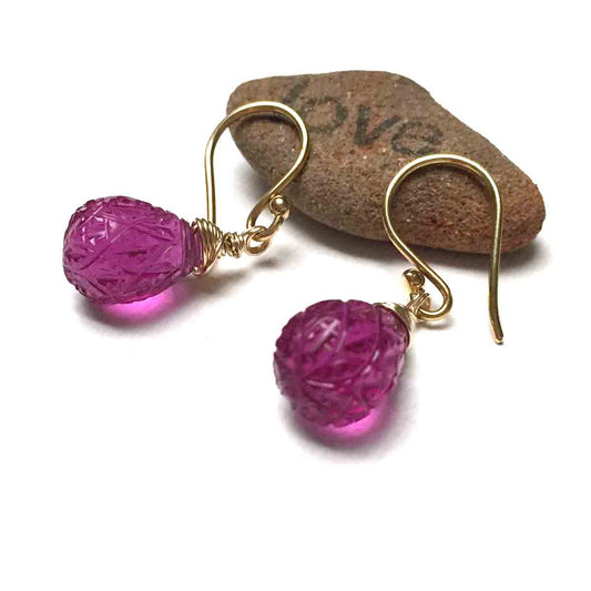 GOLD FILLED HOT PINK CARVED QUARTZ TEARDROP EARRINGS - SYNCH ME TALISMAN