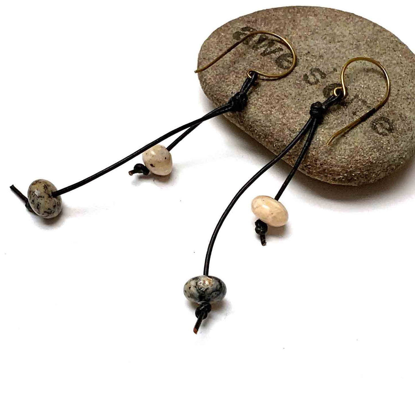 KNOTTED LEATHER TASSEL EARRINGS. PEBBLE GLASS. EARTHY.