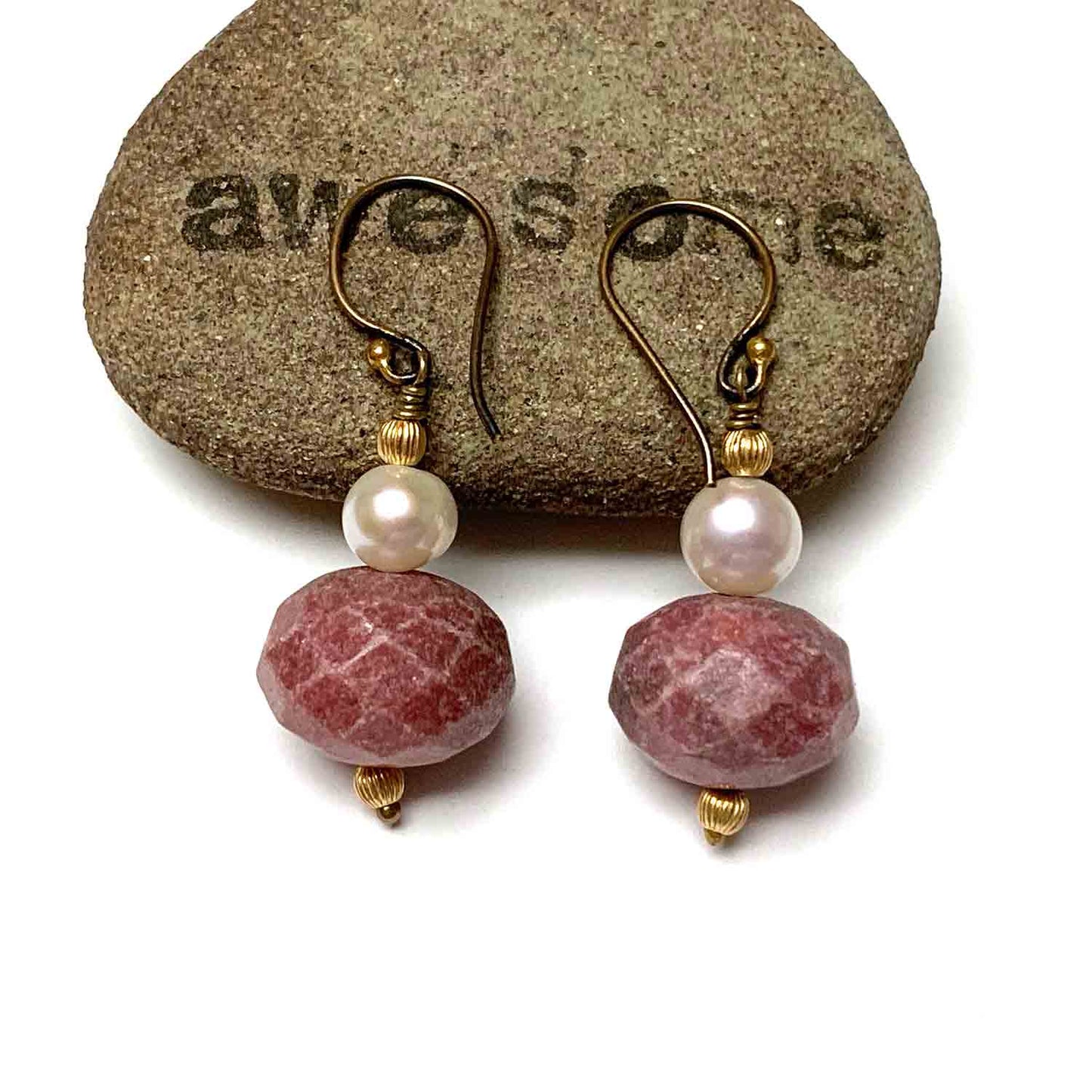 FIND GOLD FILLED RHODONITE EARRINGS - I NURTURE MY INNER SELF TALISMAN