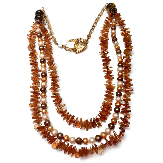 GOLD VERMEIL MULTI-STRAND CITRINE SHELL FRESHWATER PEARL NECKLACE - CREATIVITY TALISMAN