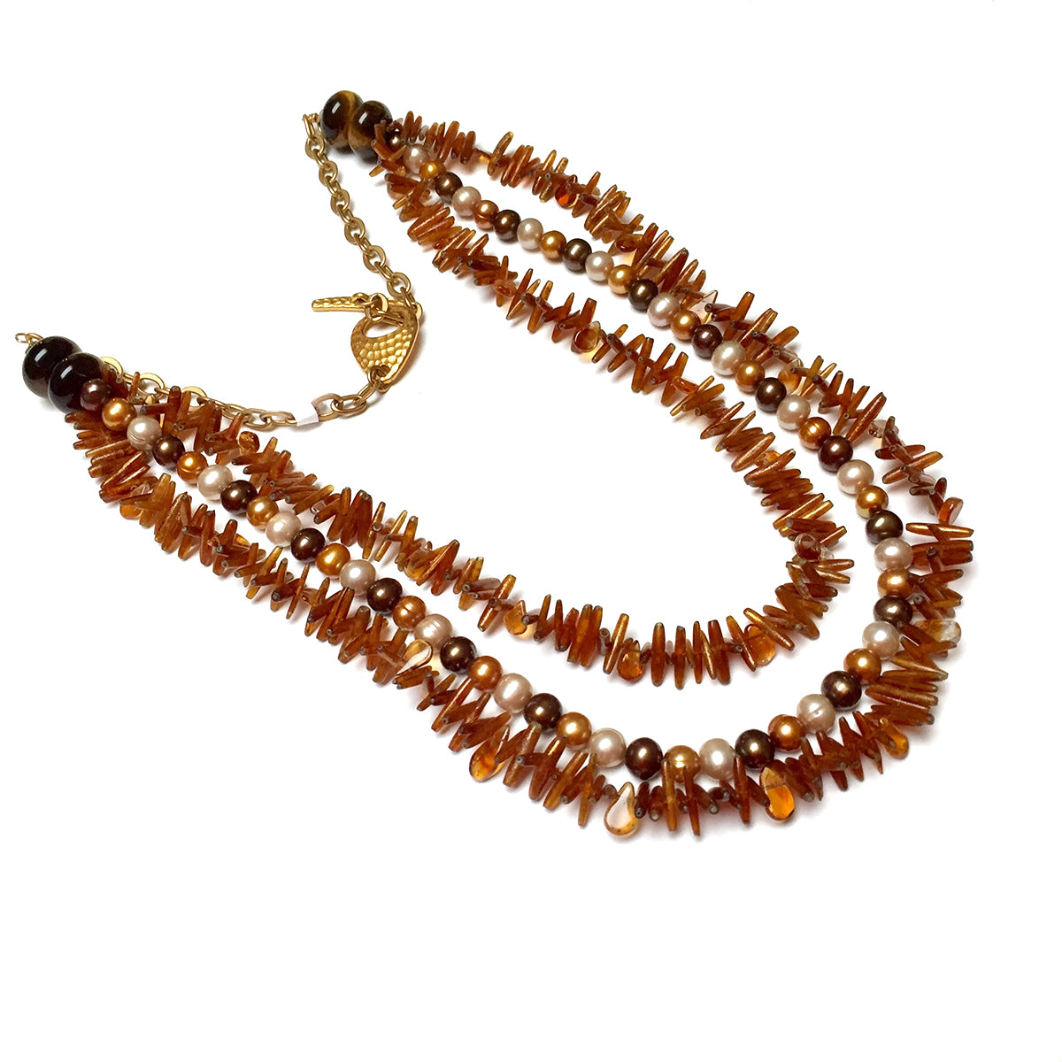 GOLD VERMEIL MULTI-STRAND CITRINE SHELL FRESHWATER PEARL NECKLACE - CREATIVITY TALISMAN