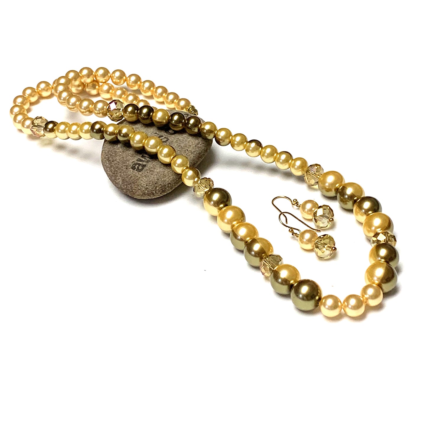 GLASS PEARL NECKLACE EARRINGS. OLIVE. BUTTER YELLOW.
