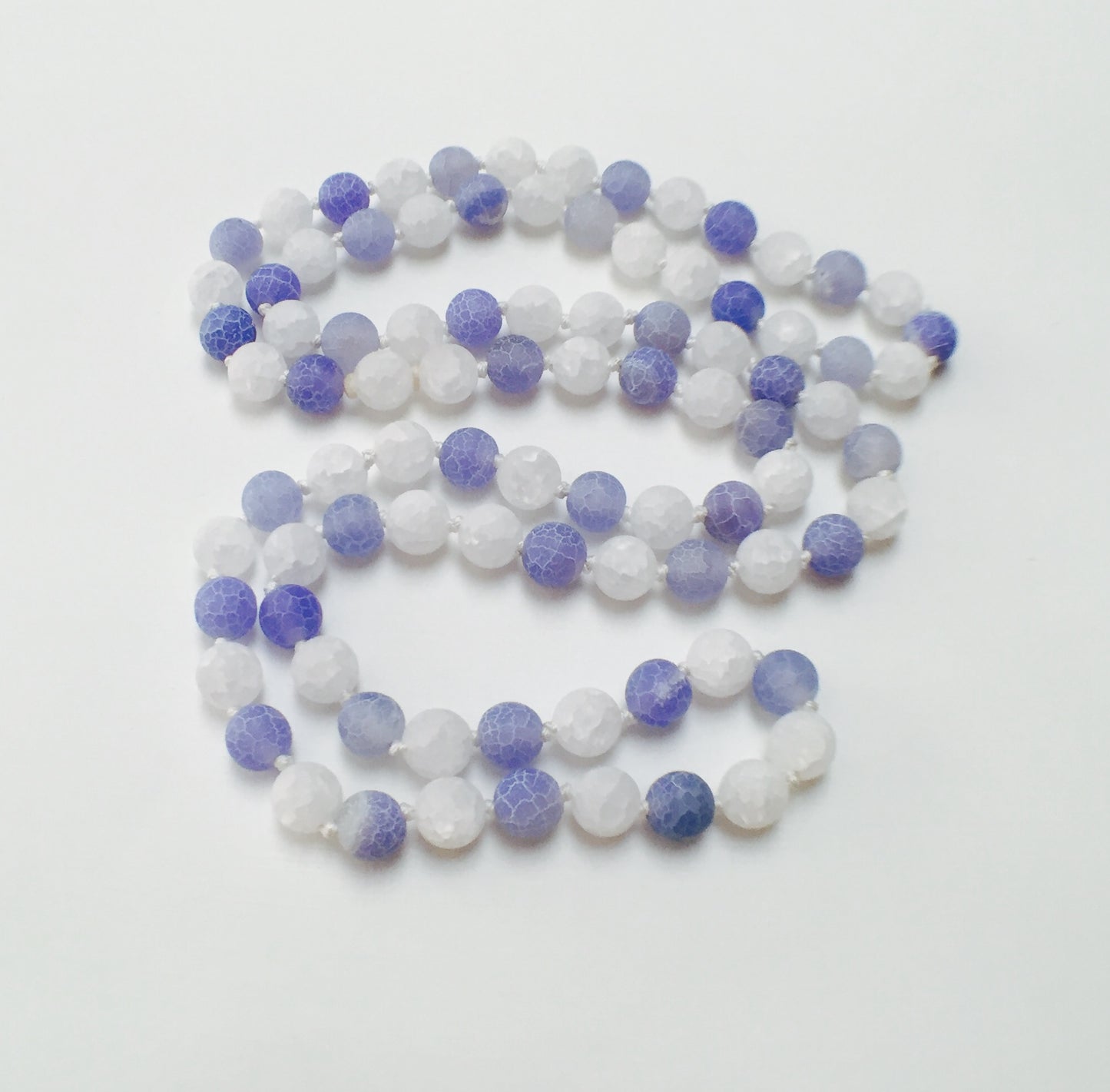 HAND SILK KNOTTED FROSTED AGATE ROCK CRYSTAL BLUE WHITE NECKLACE- PROTECTIVE EMBRACE TALISMAN
