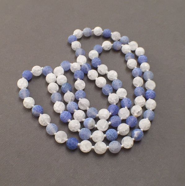 HAND SILK KNOTTED FROSTED AGATE ROCK CRYSTAL BLUE WHITE NECKLACE- PROTECTIVE EMBRACE TALISMAN