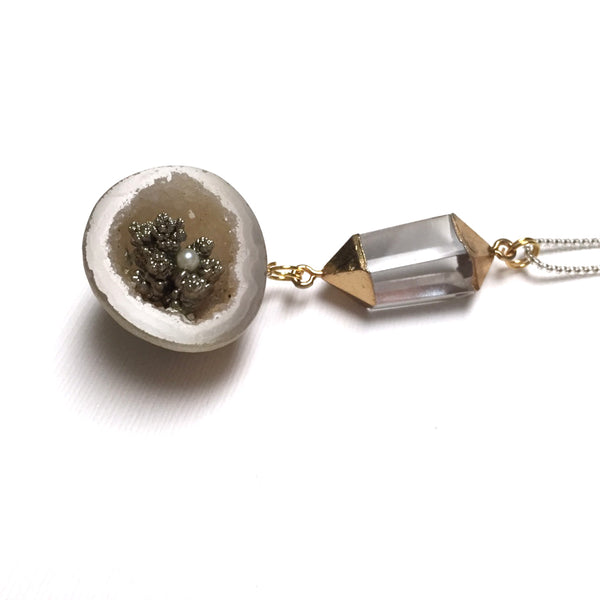 STERLING SILVER MINI THUNDER EGG GEODE WITH PEARL NECKLACE - SEED OF LOVE TALISMAN