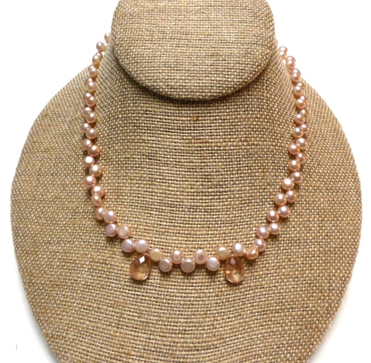 STERLING SILVER PINK FRESHWATER PEARL SUNSTONE NECKLACE - PURE HEART TALISMAN