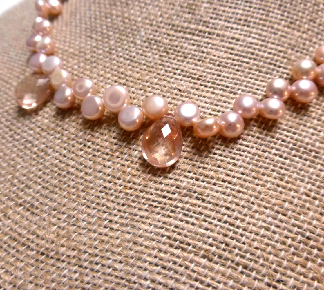 STERLING SILVER PINK FRESHWATER PEARL SUNSTONE NECKLACE - PURE HEART TALISMAN