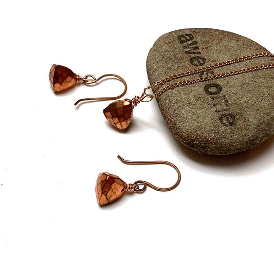 ROSE GOLD FILLED COPPER TITANIUM PYRITE TRILLION CUT NECKLACE EARRINGS - STAY FOCUSSED TALISMAN