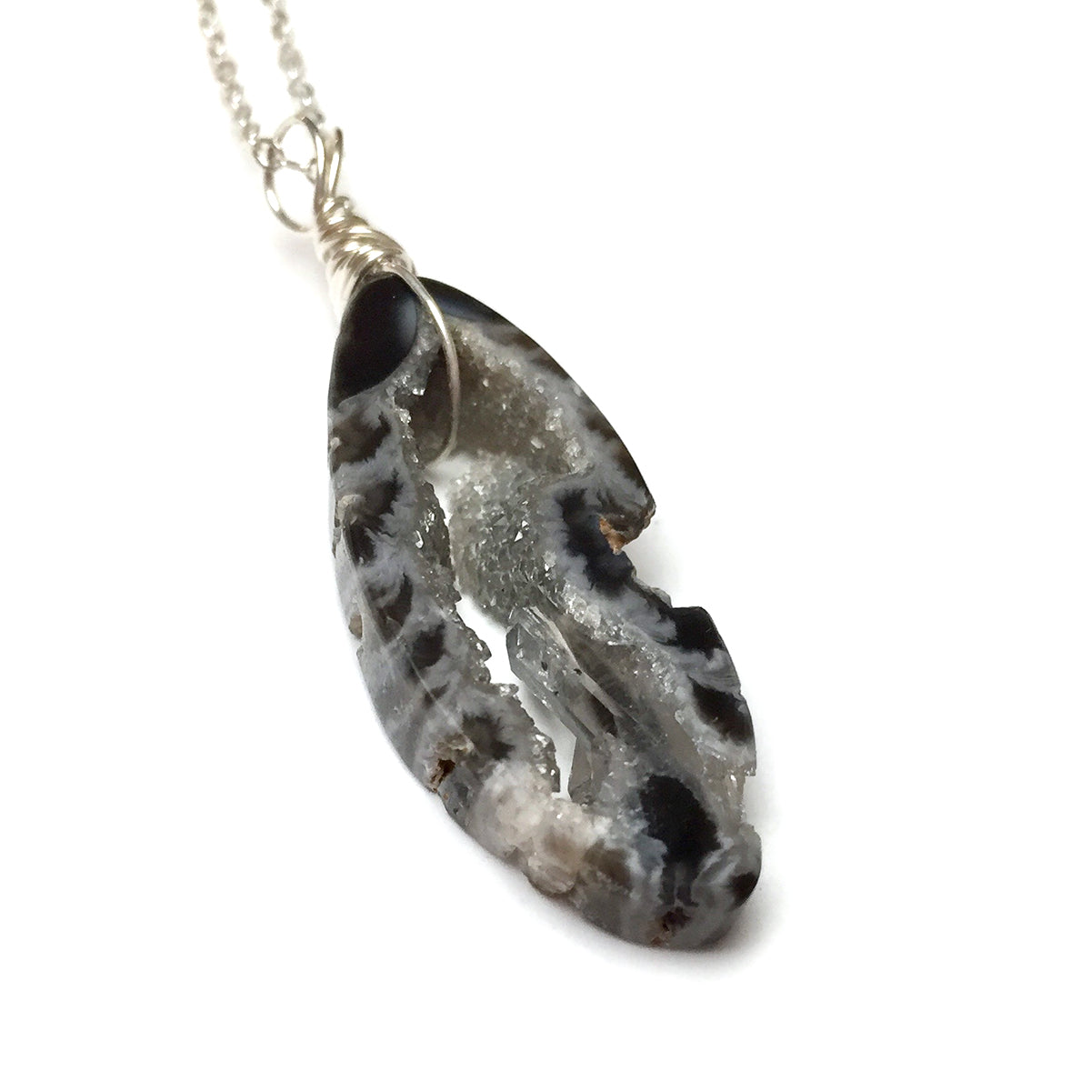 STERLING SILVER AGATE DRUZY NECKLACE - STRENGTHEN MY SPIRIT TALISMAN