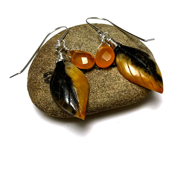 STERLING SILVER CARVED AMAZONITE CARNELIAN LEAF EARRINGS - FIND YOUR TRUTH TALISMAN