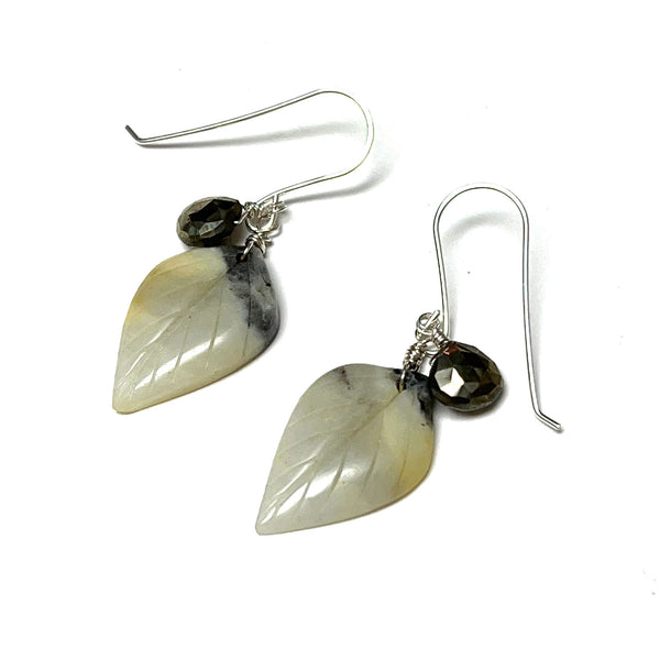 STERLING SILVER CARVED AMAZONITE PYRITE LEAF EARRINGS - FIND YOUR TRUTH TALISMAN