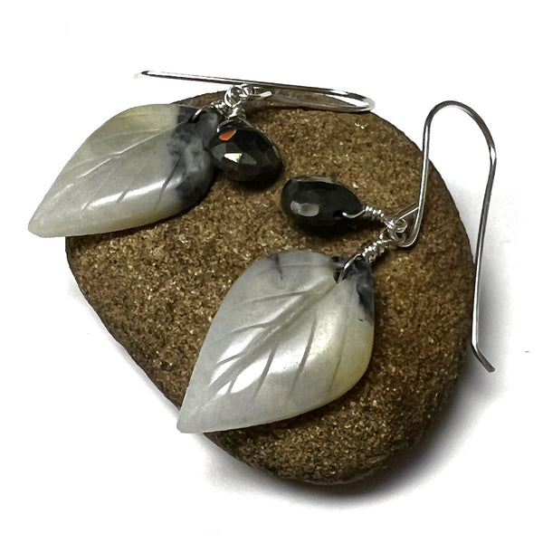 STERLING SILVER CARVED AMAZONITE PYRITE LEAF EARRINGS - FIND YOUR TRUTH TALISMAN