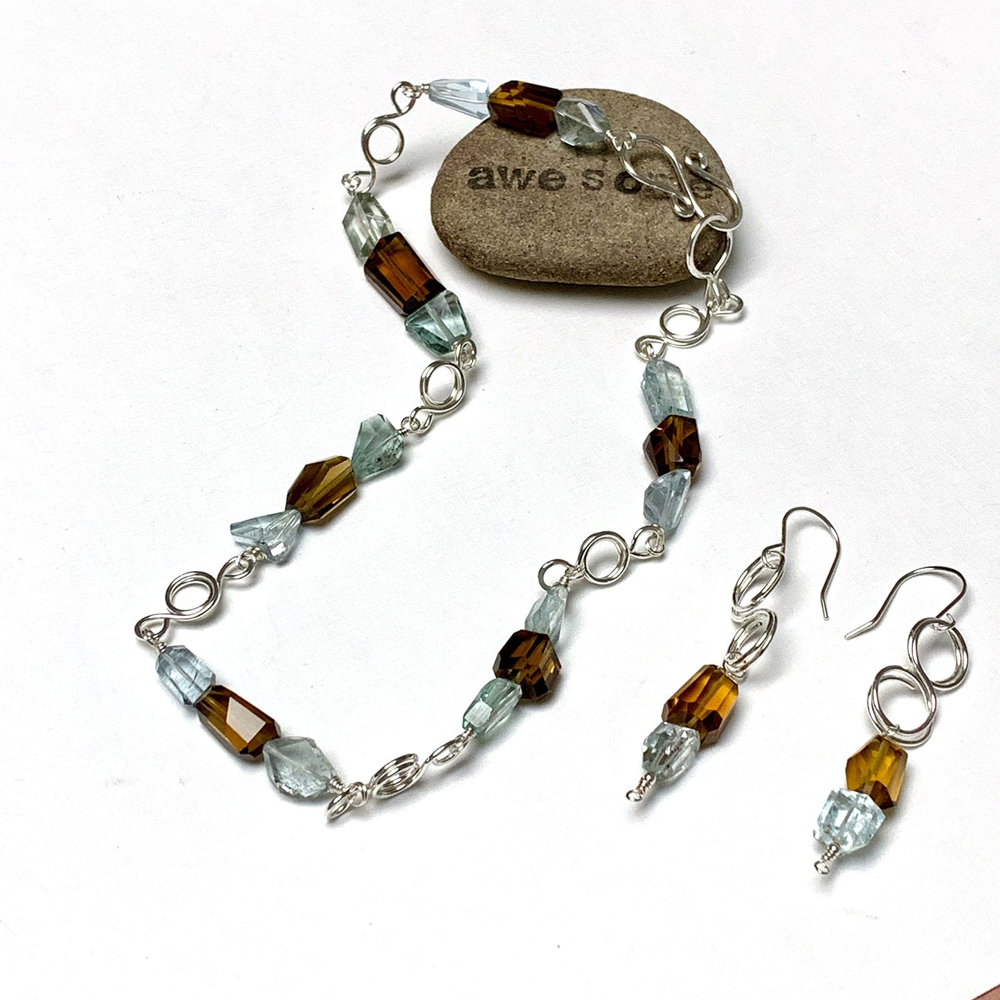 STERLING SILVER AQUAMARINE COGNAC QUARTZ NECKLACE - EARTH AND SEA TALISMAN